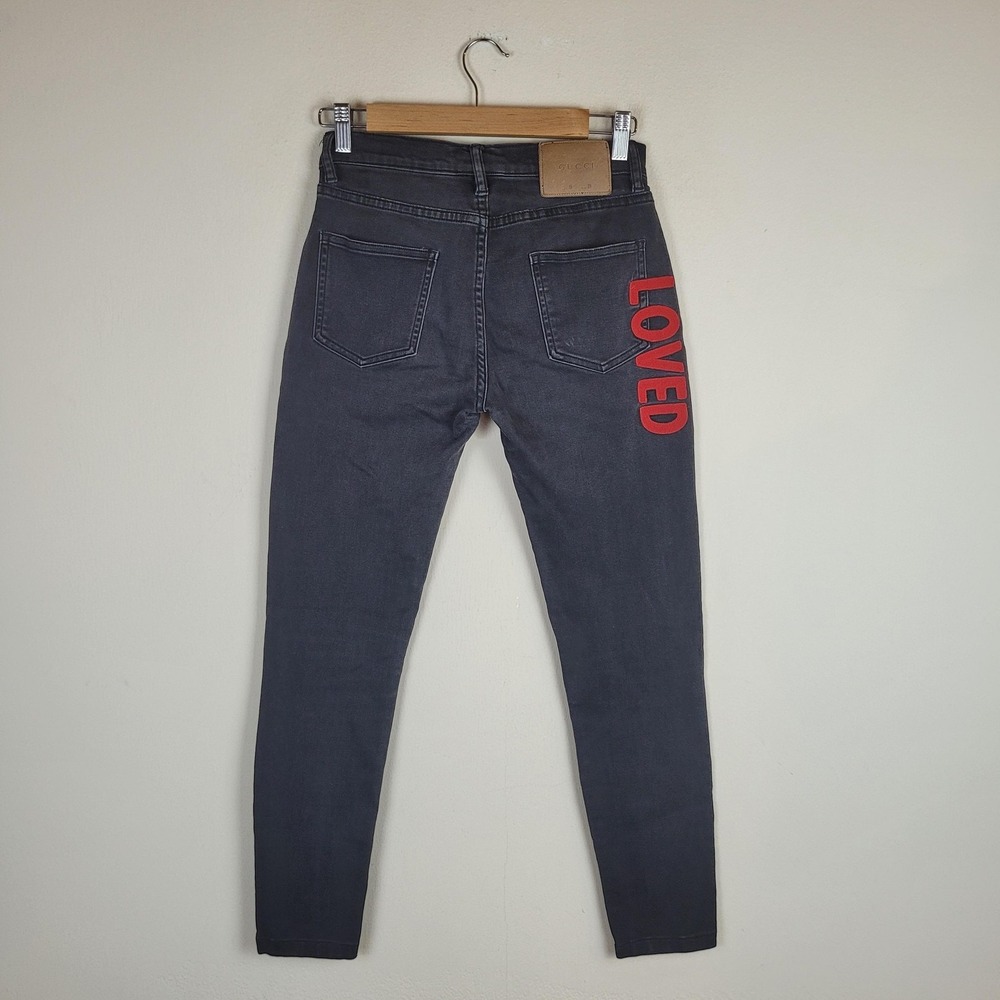 Gucci Jeans 28 Black Japanese Denim High Rise Tapered Skinny Loved Embroidered